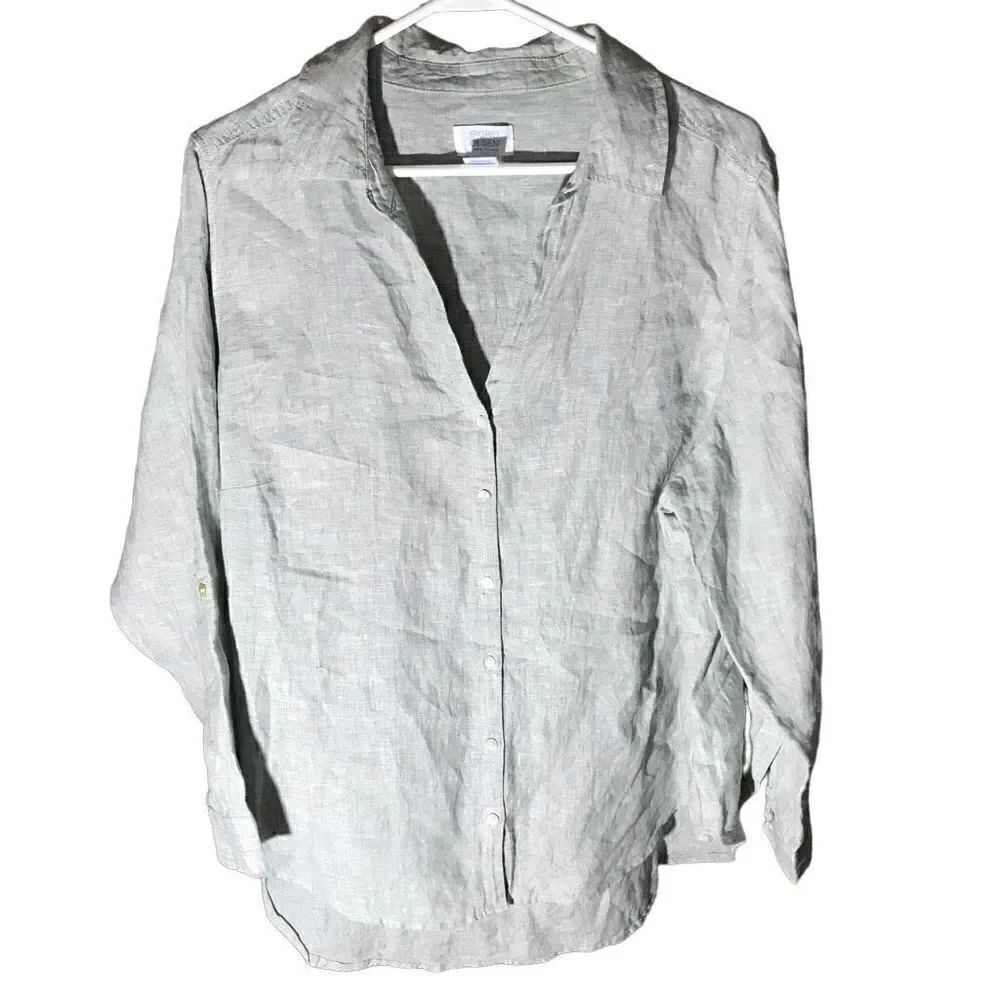 Sigred Olsen 100% Linen size 1X Button Down light gray/green long sleeve